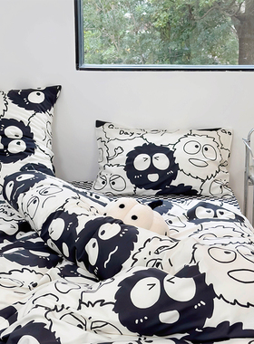 黑色小煤球纯棉被套单件卡通风全棉床上三四件套双人被罩学生1.5m