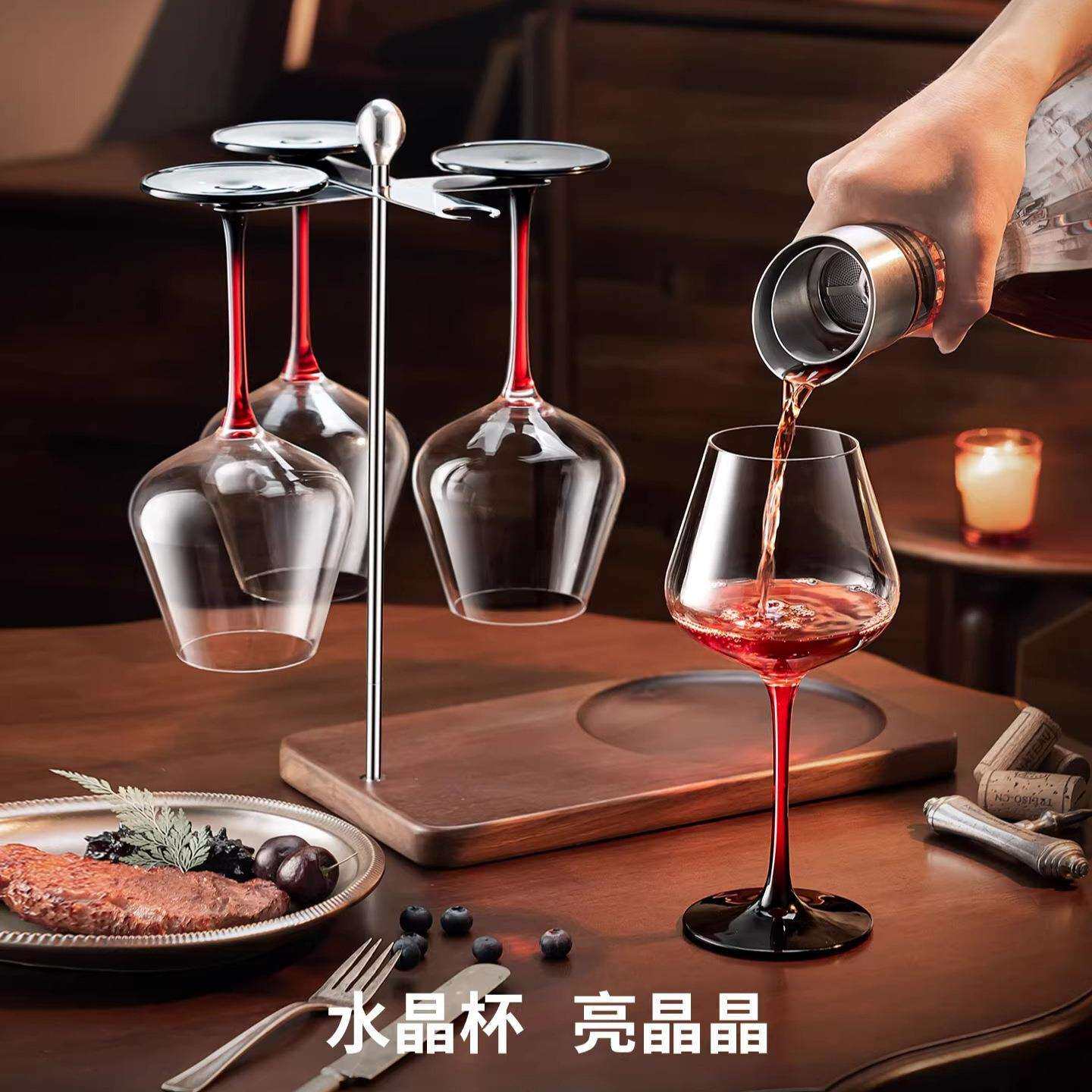 胡桃木红酒杯醒酒器一体架倒挂高脚杯展示置物架不锈钢酒杯架收纳
