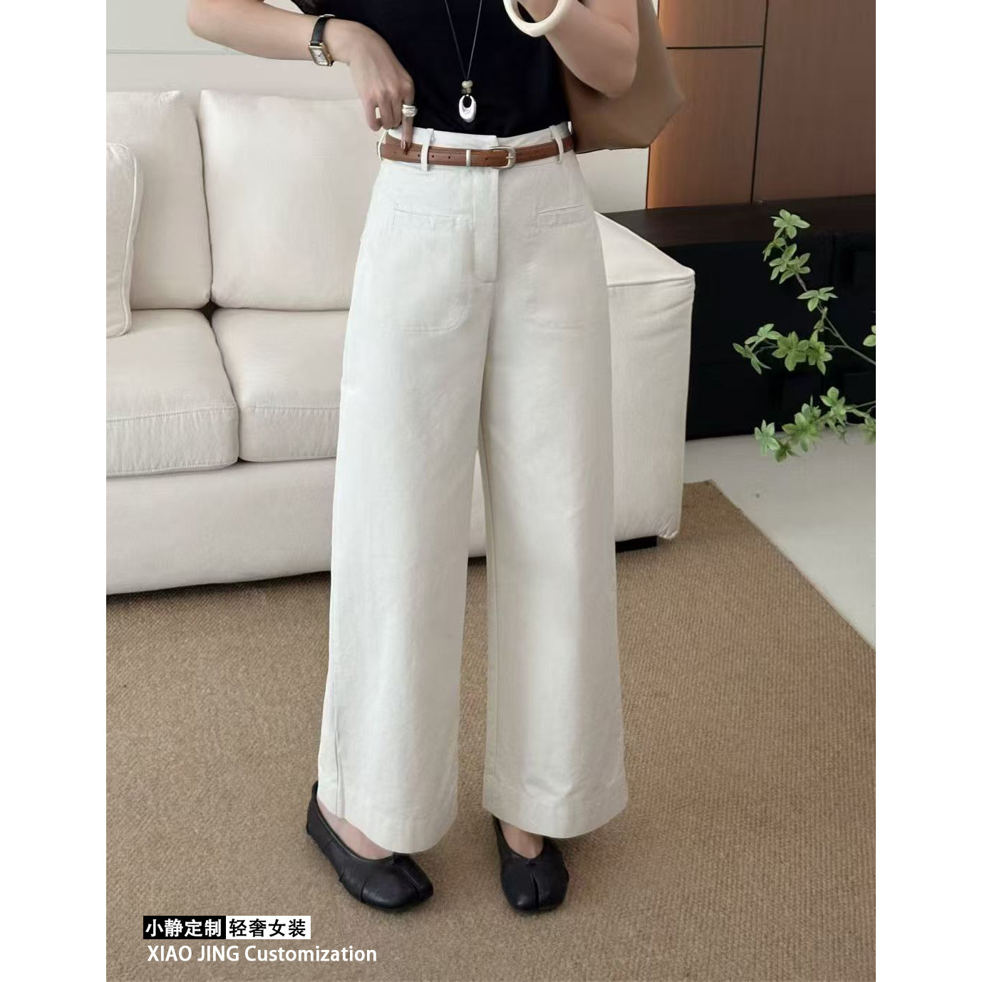 春季新款高腰口袋阔腿裤女宽松显瘦垂感休闲直筒长裤~不方便退换