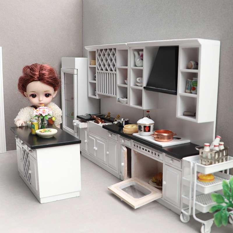 1:12迷你娃娃屋家具厨房套装3件套大厨房微缩模型木质厨房