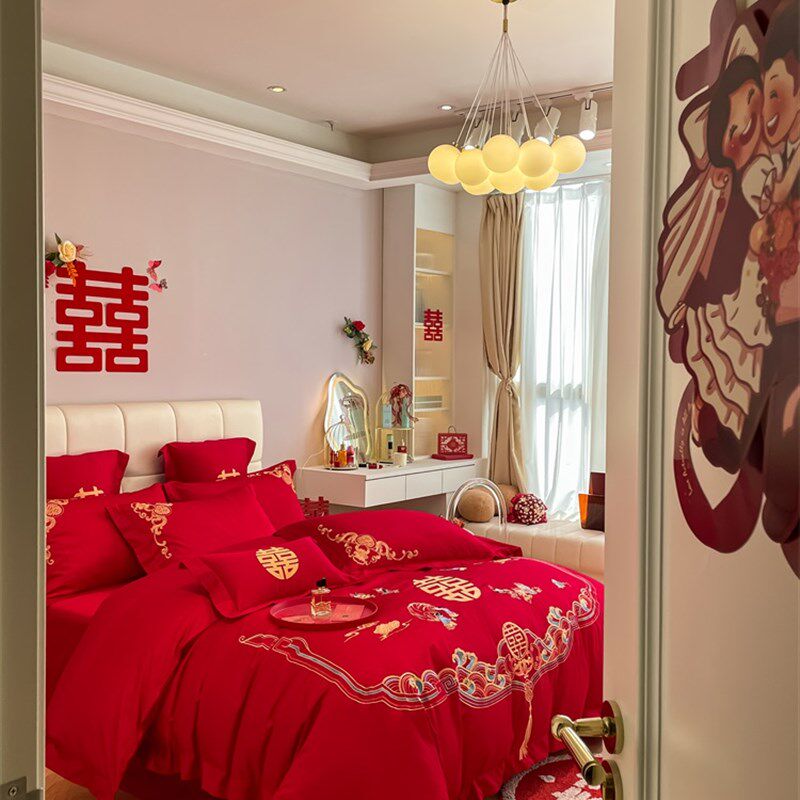 高档中式百子图刺绣结婚四件套红色床单被套纯棉喜被婚庆床上用品