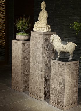 新中式禅意展示柱室内客厅茶室庭院装饰仿古招财流水摆件花盆底座