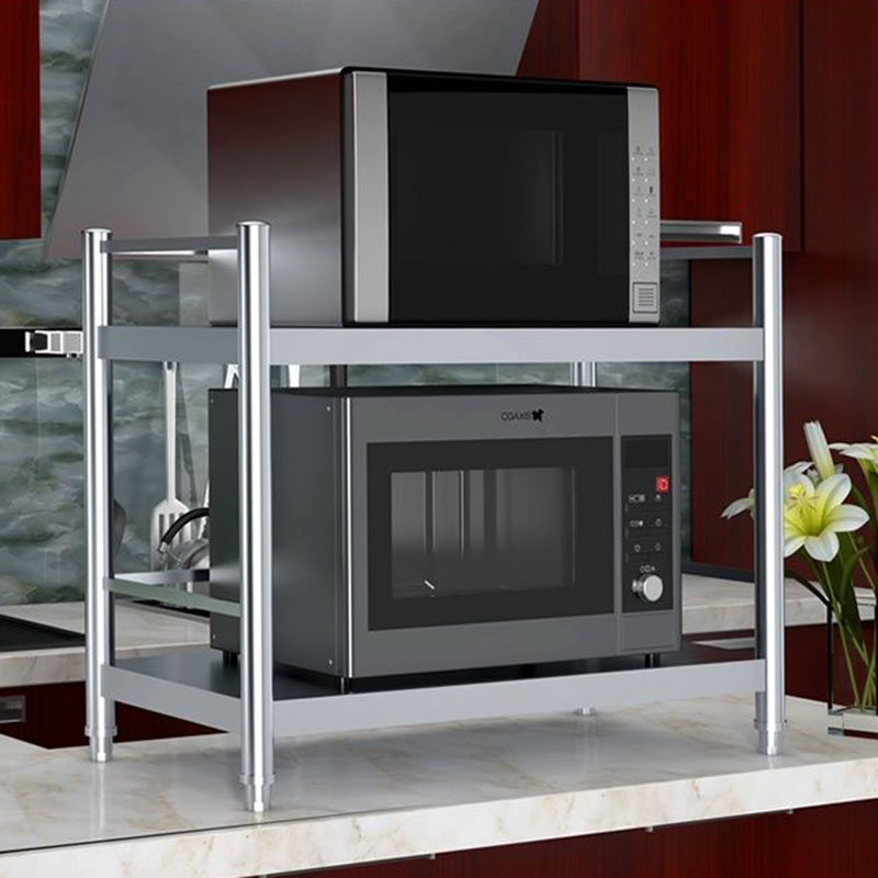 厨房不锈钢置物架两层护栏微波炉烤箱碗碟调料架子双层收纳整理架