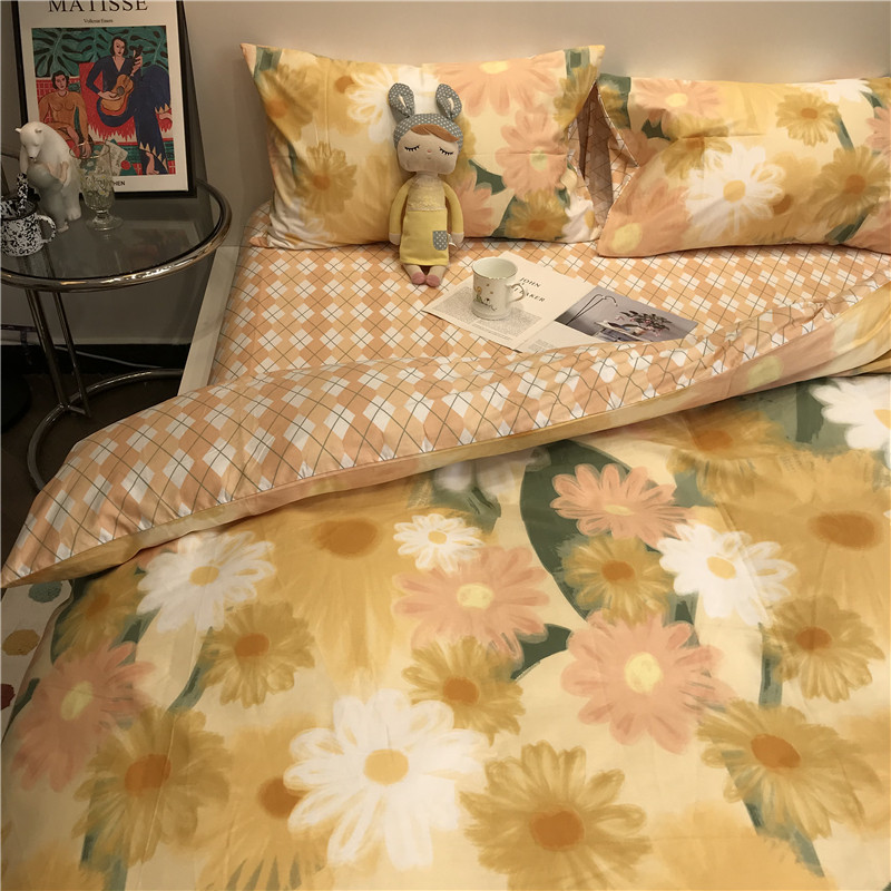 田园美式小碎花床上四件套全棉纯棉被套淡黄色油画风写意文艺床单