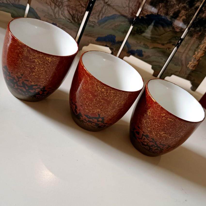 大漆犀皮漆陶瓷杯国漆主人杯羊脂玉瓷胚杯子漆器手工漆画创意茶杯