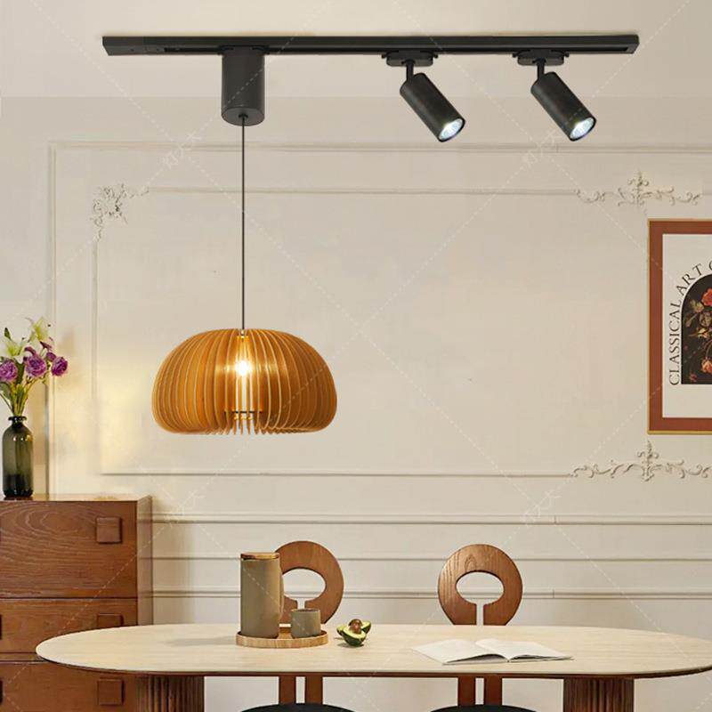 侘寂复古风全光谱餐厅吊灯可移位可升降餐厅吧台岛台实木轨道吊灯