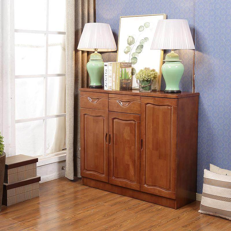 实木鞋柜现代中式三门鞋柜多层橡木雕花大容量客厅对开门门储物柜