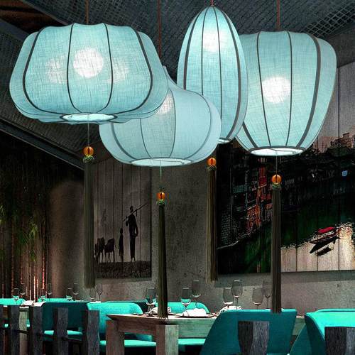 新中式吊灯仿古宫灯手绘灯笼古典布艺创意艺术茶楼火锅店过道灯