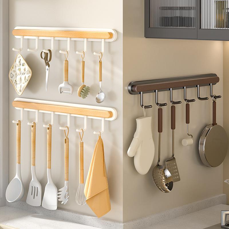 厨房免打孔实木铲勺挂钩多功能厨卫墙上收纳置物架餐厅单排挂架