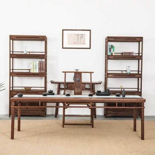 新中式茶桌 老榆木办公桌 黑胡桃实木禅意会客桌简约泡茶台一体