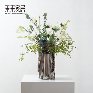 高档轻奢仿真花摆件不锈钢裙边花器干花班克木插花样板间餐桌摆花