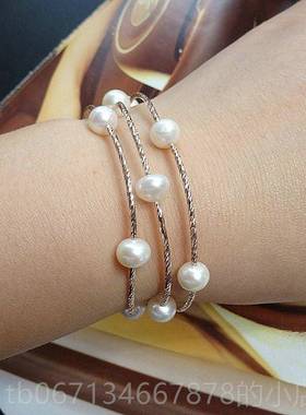 高档珍韩版首饰品纯然天淡水珠手链手串女S925生银手镯多层圈情人