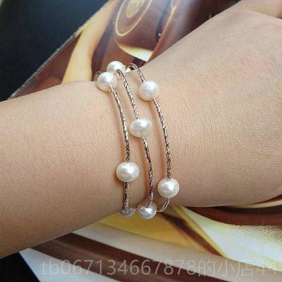 高档珍韩版首饰品纯然天淡水珠手链手串女S925生银手镯多层圈情人