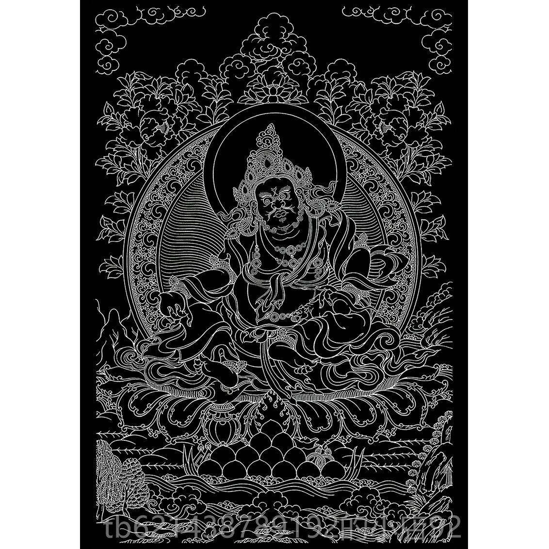 高档热贡西藏手绘IY黄财D神佛像唐卡黑手绘 涂色d iy描金线稿金油