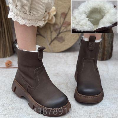高档真皮女纯羊女鞋加绒马地丁靴休闲短筒中跟毛靴子保暖加厚雪靴