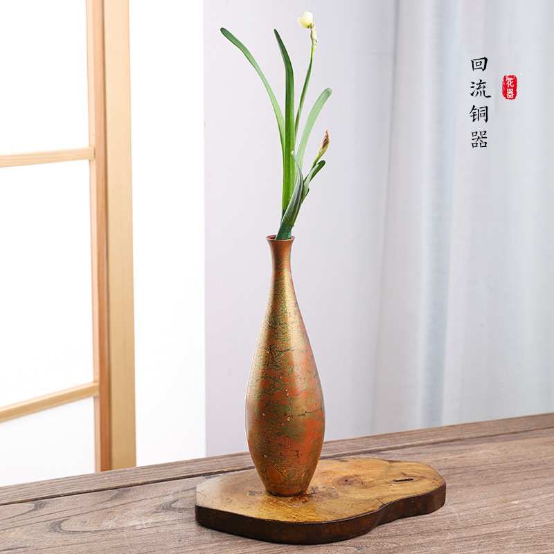 日式回流陶瓷花器铜器插花器皿禅意轻奢中式复古大小花瓶插花底座