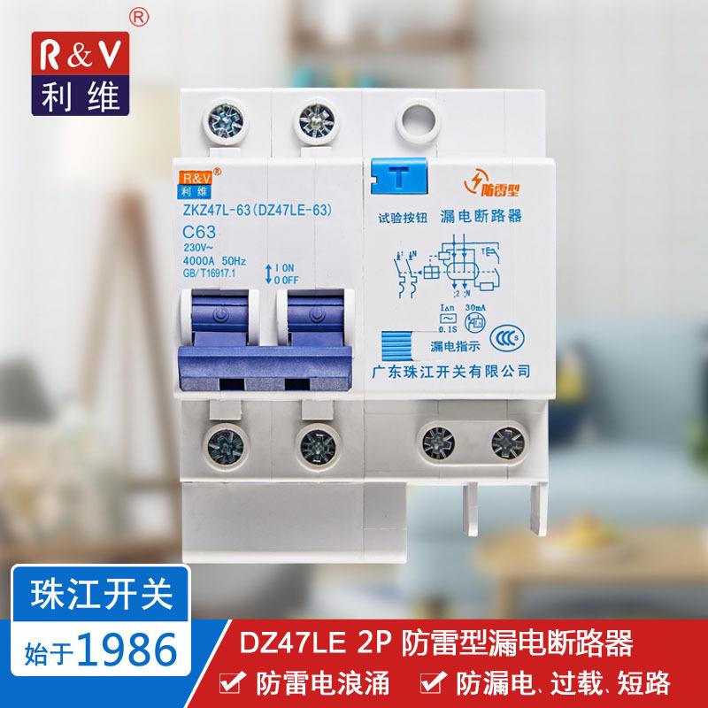 珠江(利维牌)漏电保护器触电空气开关断路器 DZ47LE 2P 16/32/63A
