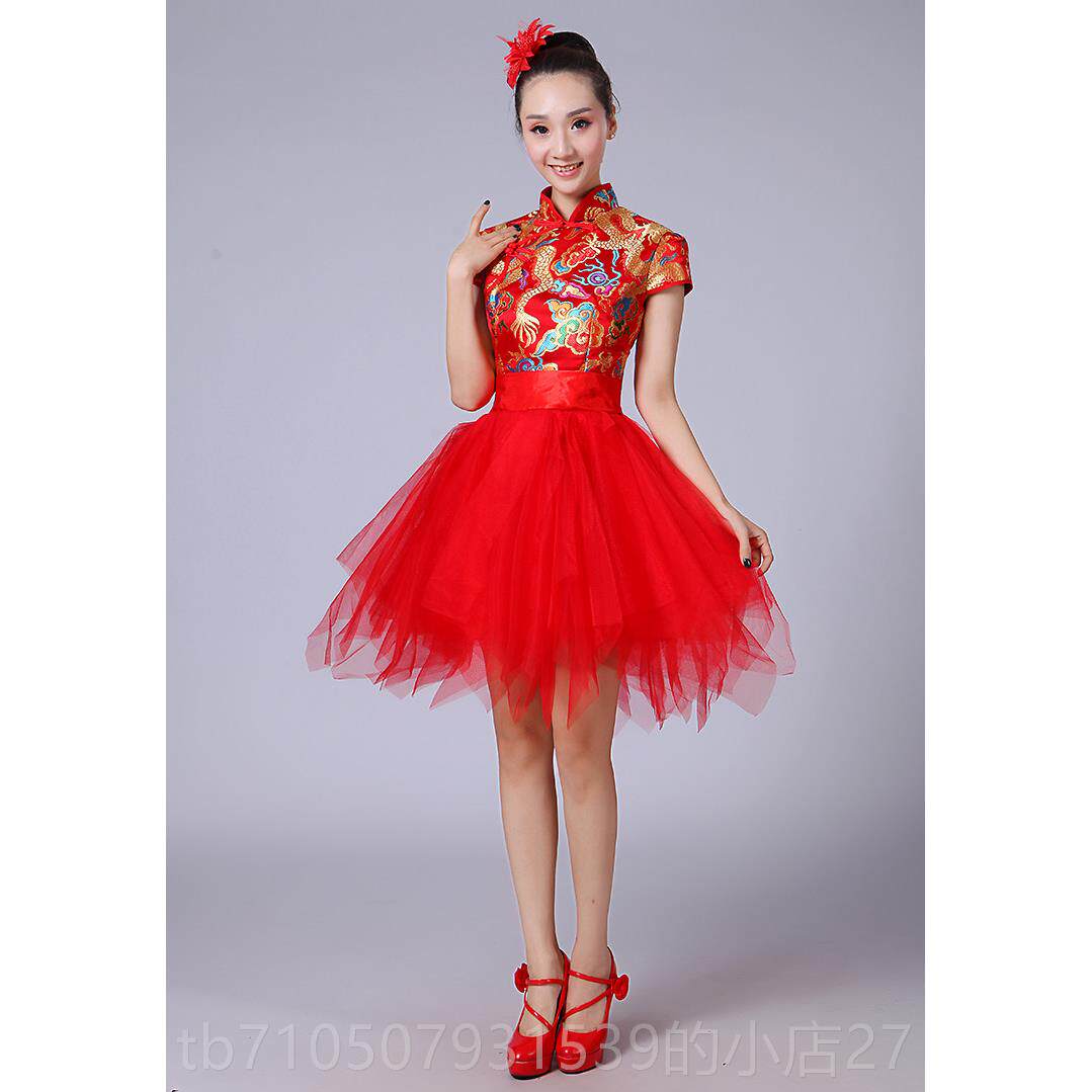 正品020新款现代舞表演舞服台演出服装短款古2典旗袍蓬蓬裙蹈广场