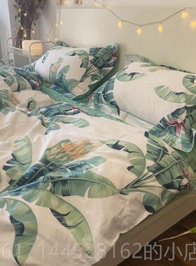 正品in式北欧绿植纯棉四件全绿色芭蕉叶植物系棉被套被罩床品床s