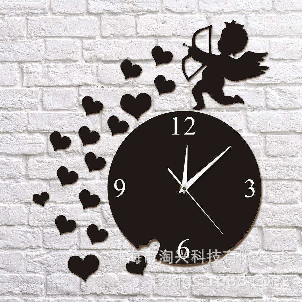 分离挂钟丘比特箭头心形小天使时钟家居装饰丘比特爱当代黑色墙钟