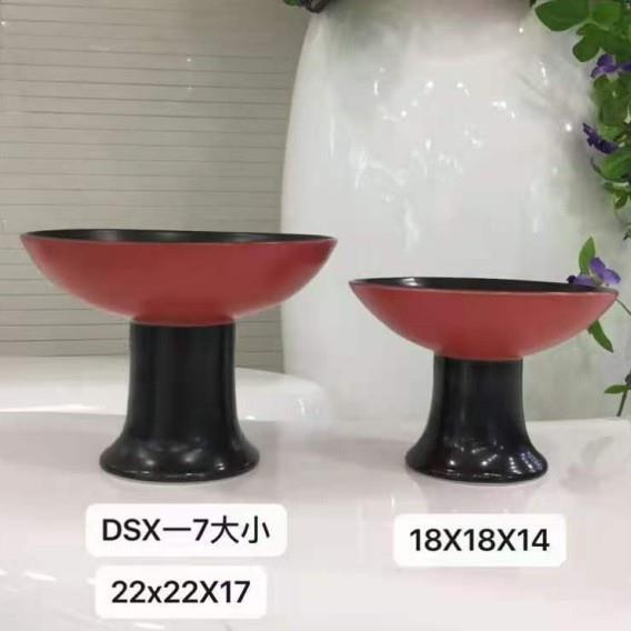 新中式软装果盘后现代红色陶瓷花器样板房售楼处洽谈室客厅摆件