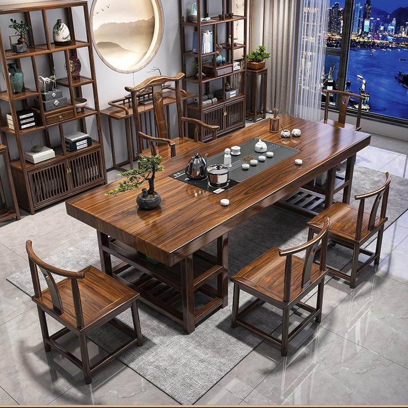 大板实木原木茶桌椅组合一桌五椅新中式茶几办公室家用泡茶台一体