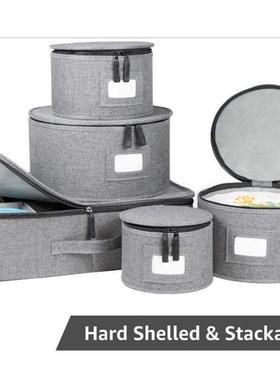 灰色棉麻布碗碟收纳5件套，茶杯收纳盒，餐盘，餐具收纳包