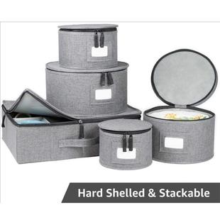 餐具收纳包 餐盘 灰色棉麻布碗碟收纳5件套 茶杯收纳盒