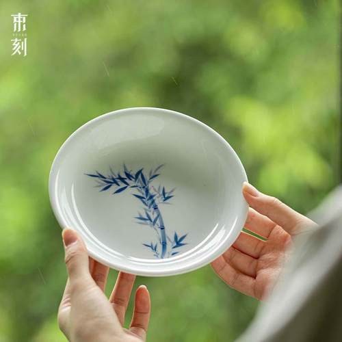 束刻纯手绘竹韵青花壶承干泡盘茶承家陶瓷茶点盘圆盘壶托托盘茶盘