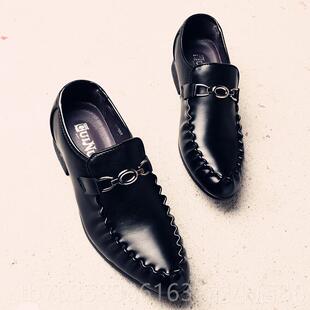 高档无带皮鞋男天新款透气鞋英伦尖头休闲男商务正装一脚韩版春潮