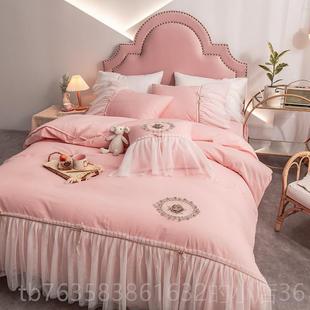 高档ins韩丝版 10棉0全棉四件套蕾花边纯公风简约主1.8m床上 床裙式