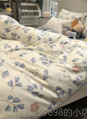 新款i四ns北欧棋盘格蓝色简约床上件套全棉纯棉被套1三套学生件公