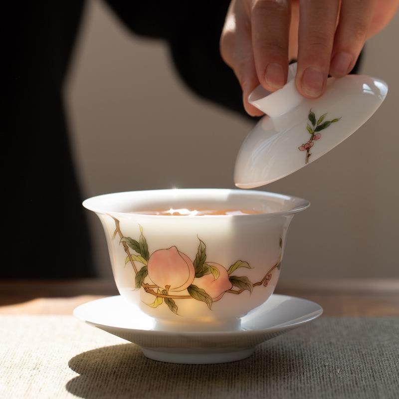 甜白瓷手绘三才盖碗单个不烫手家用薄胎纯手工陶瓷功夫泡茶碗茶杯