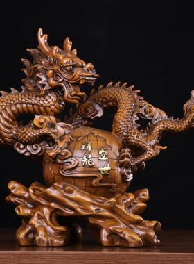 盛世祥龙摆件树脂工艺品木雕仿檀木色办公室装饰公司开业商务礼品