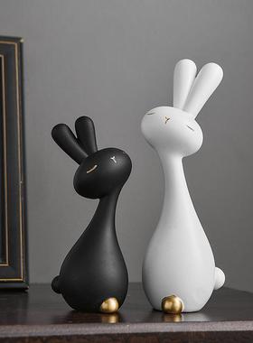 现代简约艺术黑白兔子桌面小摆件树脂工艺品客厅办公室电视柜装饰