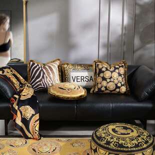 轻奢时尚美杜莎加厚流苏方靠垫 客厅沙发鹿皮绒印花圆形抱枕枕芯