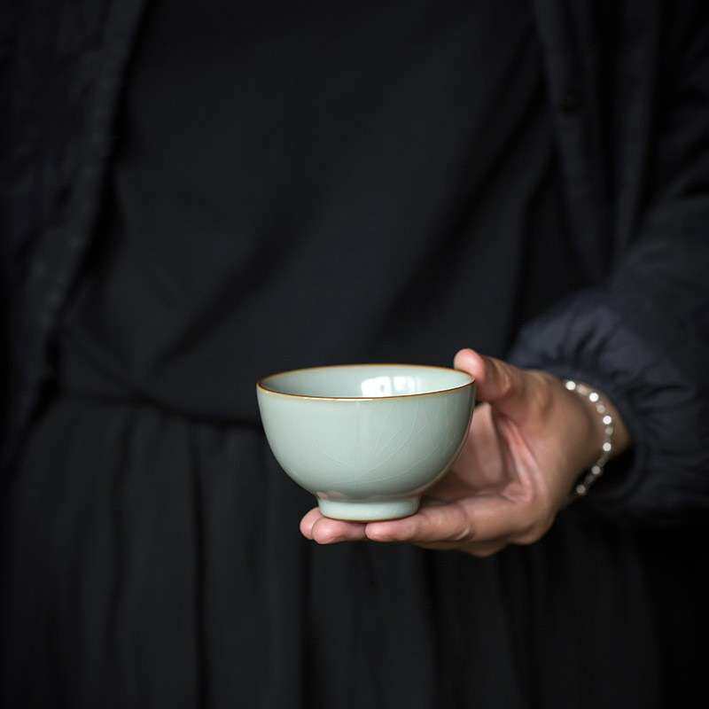 汝瓷圆满杯陶瓷主人杯豆青釉汝窑茶杯开片可养手工品茗杯家用单杯