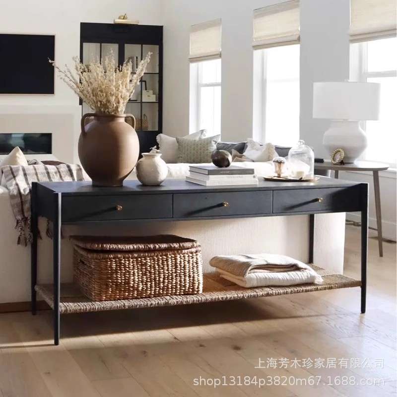 美式复古实木玄关桌沙发靠背边桌入户门厅条案走廊隔断装饰摆件桌