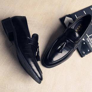 高档英伦小皮鞋男尖头一脚蹬版潮流百闲搭休韩流青年苏潮男鞋子发