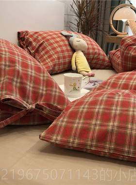 高档北女欧简约红色件格子水洗棉床上四套全棉纯棉ns少心公主风1i