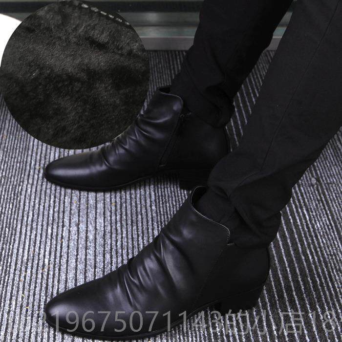 高档男尖头短靴马靴韩版皮靴男经士英伦潮鞋内增高商务丁靴男子典