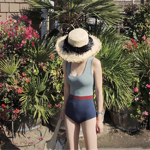 保守遮肚显瘦温泉渡假沙滩泳衣女连体比基尼聚拢拼色学生泳装