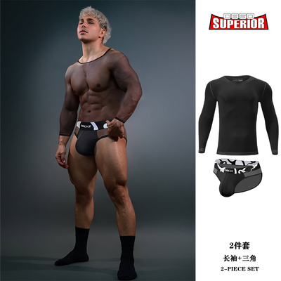 2件套透明拼接三角裤运动套装潮