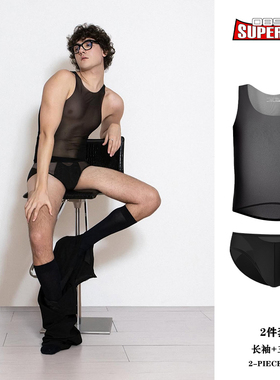 两件套男士内裤运动套装莫代尔透明拼接三角裤性感高弹塑型背心潮