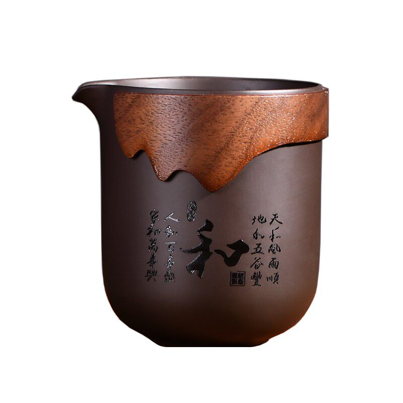 刻字紫砂公道杯茶海分茶器陶瓷茶漏套装防烫木圈手抓中式家用大号