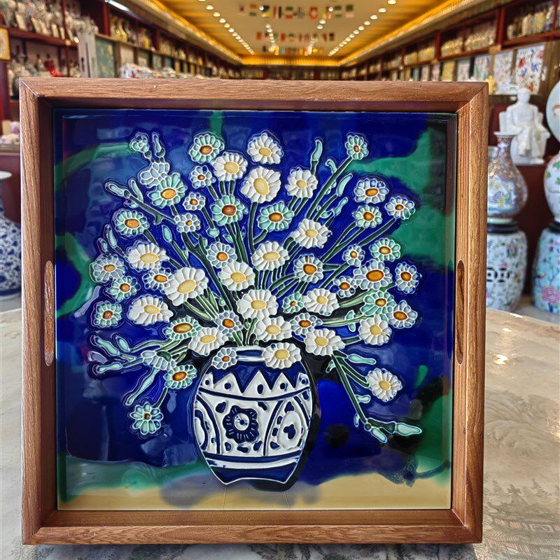 手绘立体浮雕瓷板画陶瓷托盘茶盘花卉花鸟茶托盘瓷板画非遗