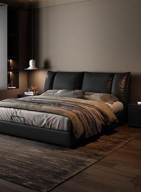 霜P6佳意式极简皮床双人卧室成套黑色主卧大床小象耳朵储物轻奢
