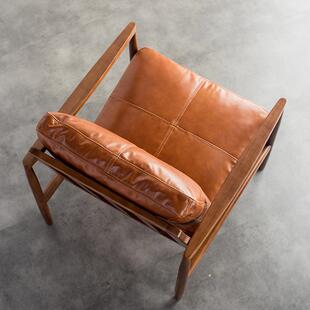 单人沙发椅北欧现代阅读椅实木真皮书房复古汉克椅子设计师休闲椅