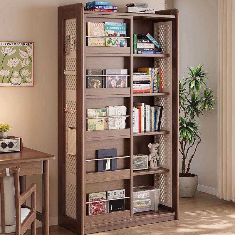 全实木书架落地置物架书柜储物柜一体靠墙儿童绘本架推拉门收纳架