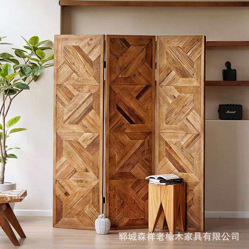 老榆木拼花屏风玄关隔断墙现代简约家用客厅卧室折叠移动屏风